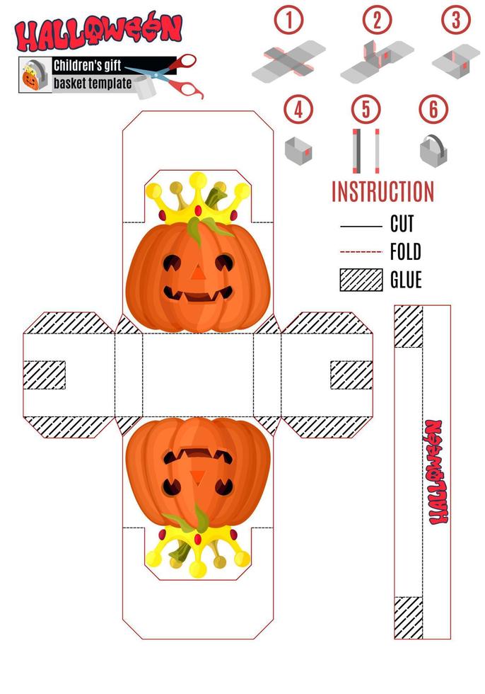 sjabloon om af te drukken. het kinderpakket voor halloween met een pompoen in de kroon. stock vector afbeelding