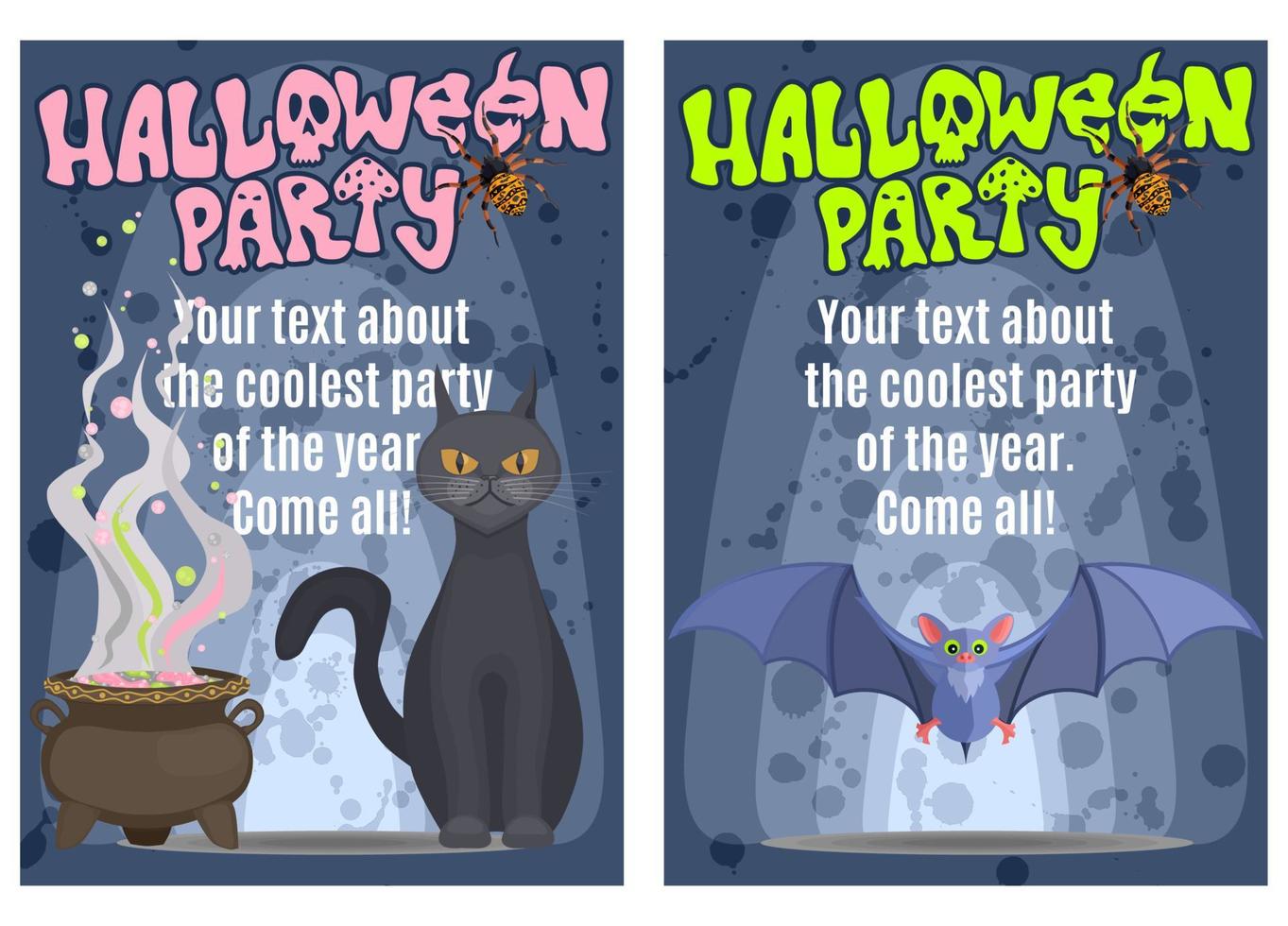 twee posters op halloween met een kat en een vleermuis. stock afbeelding vector