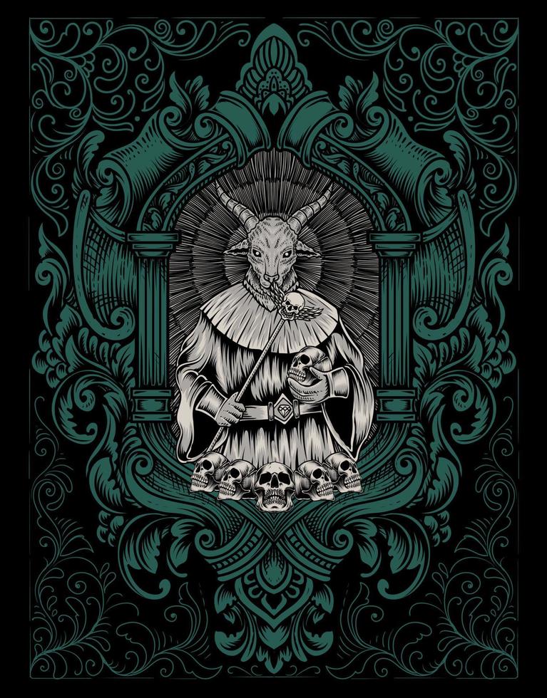 illustratie enge baphomet op gravure ornament frame vector