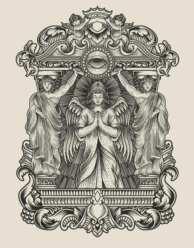 illustratie engel bidden met vintage gravure frame vector