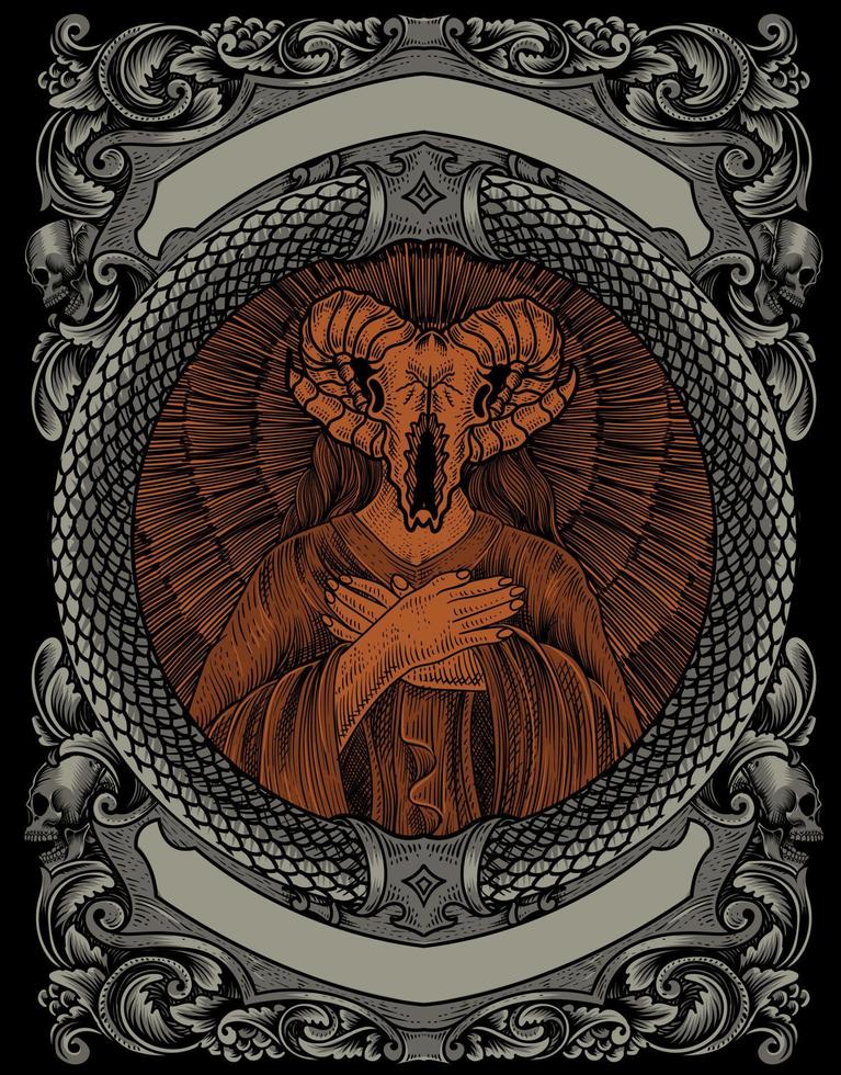 illustratie satan geit schedel met gravure ornament frame vector