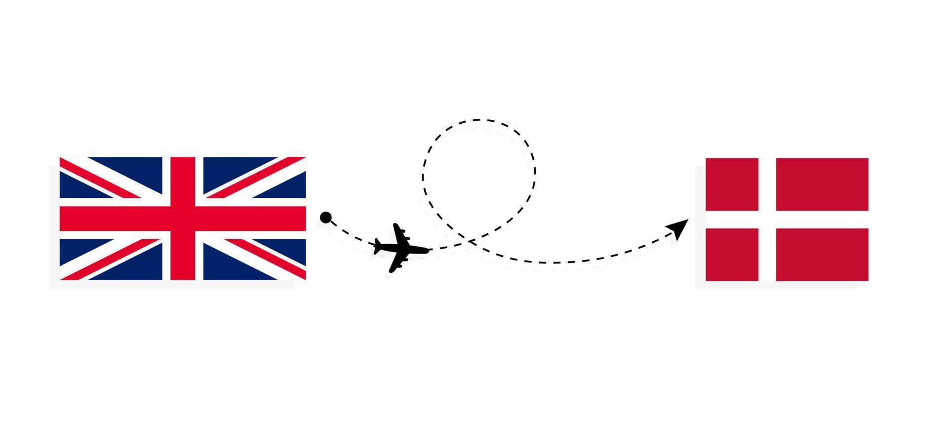 vlucht en reis van het verenigd koninkrijk van groot-brittannië naar denemarken per passagiersvliegtuig reisconcept vector