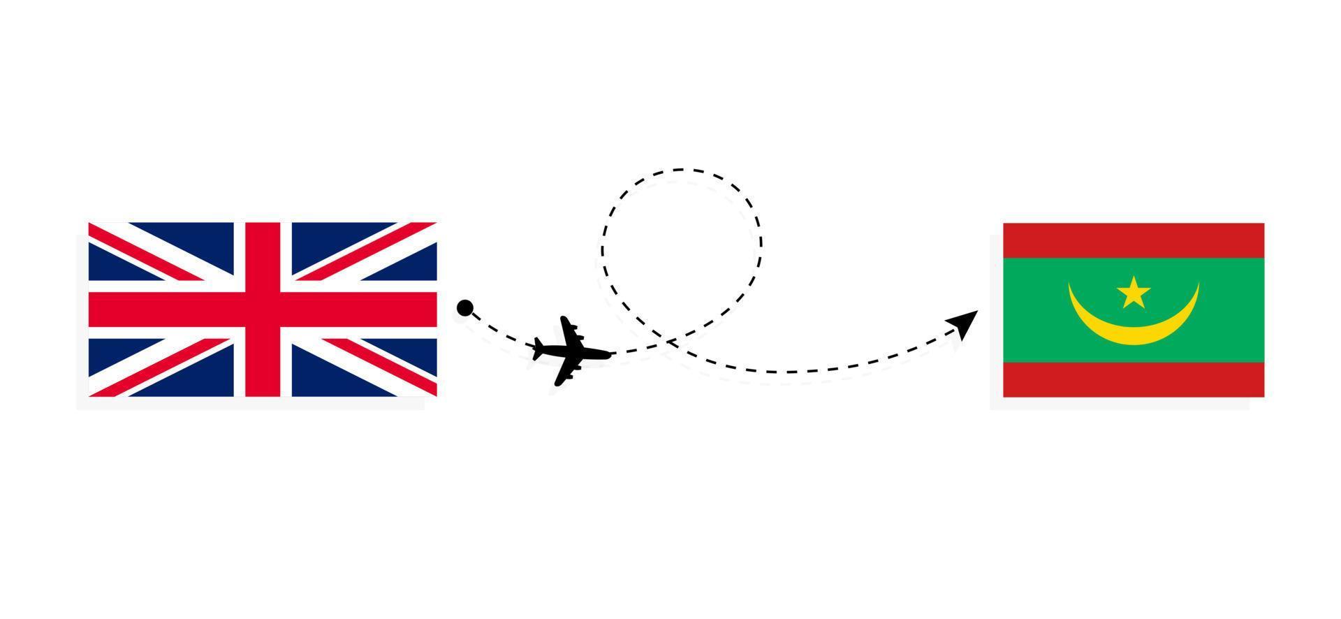 vlucht en reis van het verenigd koninkrijk van groot-brittannië naar mauritanië per passagiersvliegtuig reisconcept vector