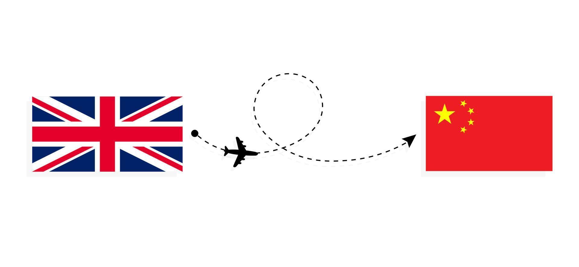 vlucht en reis van het verenigd koninkrijk van groot-brittannië naar china per passagiersvliegtuig reisconcept vector