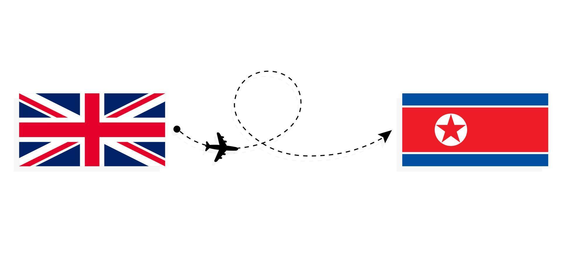 vlucht en reis van het Verenigd Koninkrijk van Groot-Brittannië naar Noord-Korea per reisconcept voor passagiersvliegtuigen vector