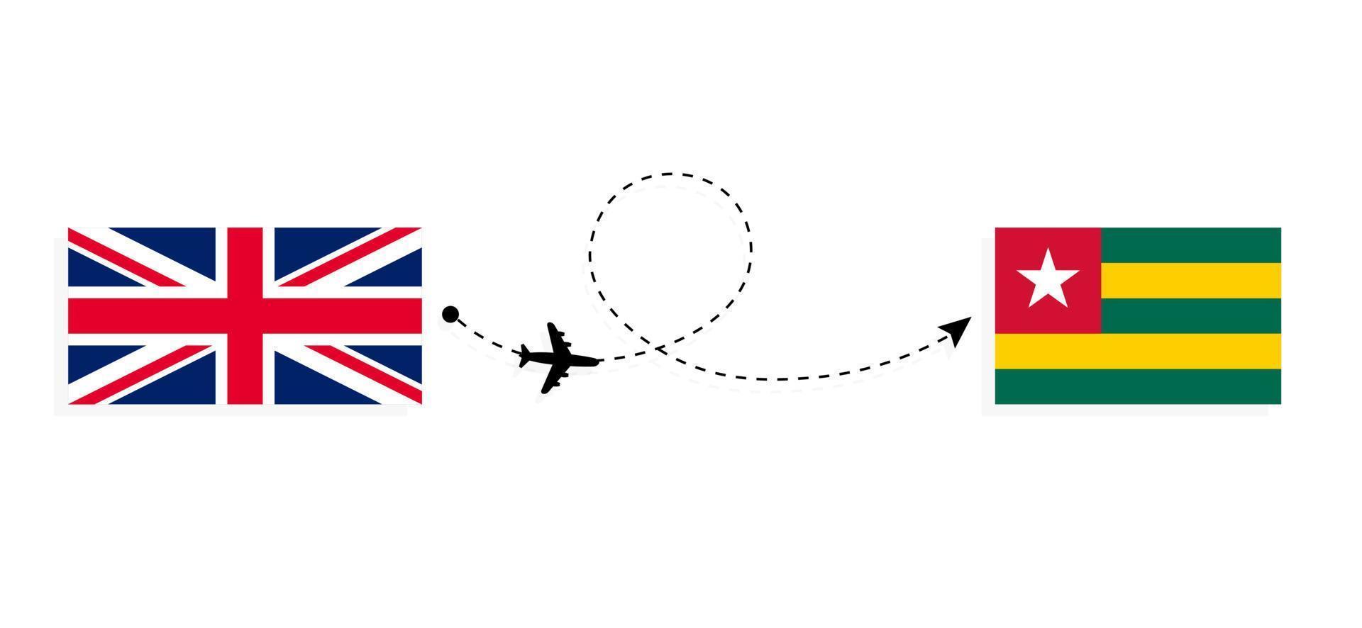 vlucht en reis van het verenigd koninkrijk van groot-brittannië naar togo per passagiersvliegtuig reisconcept vector