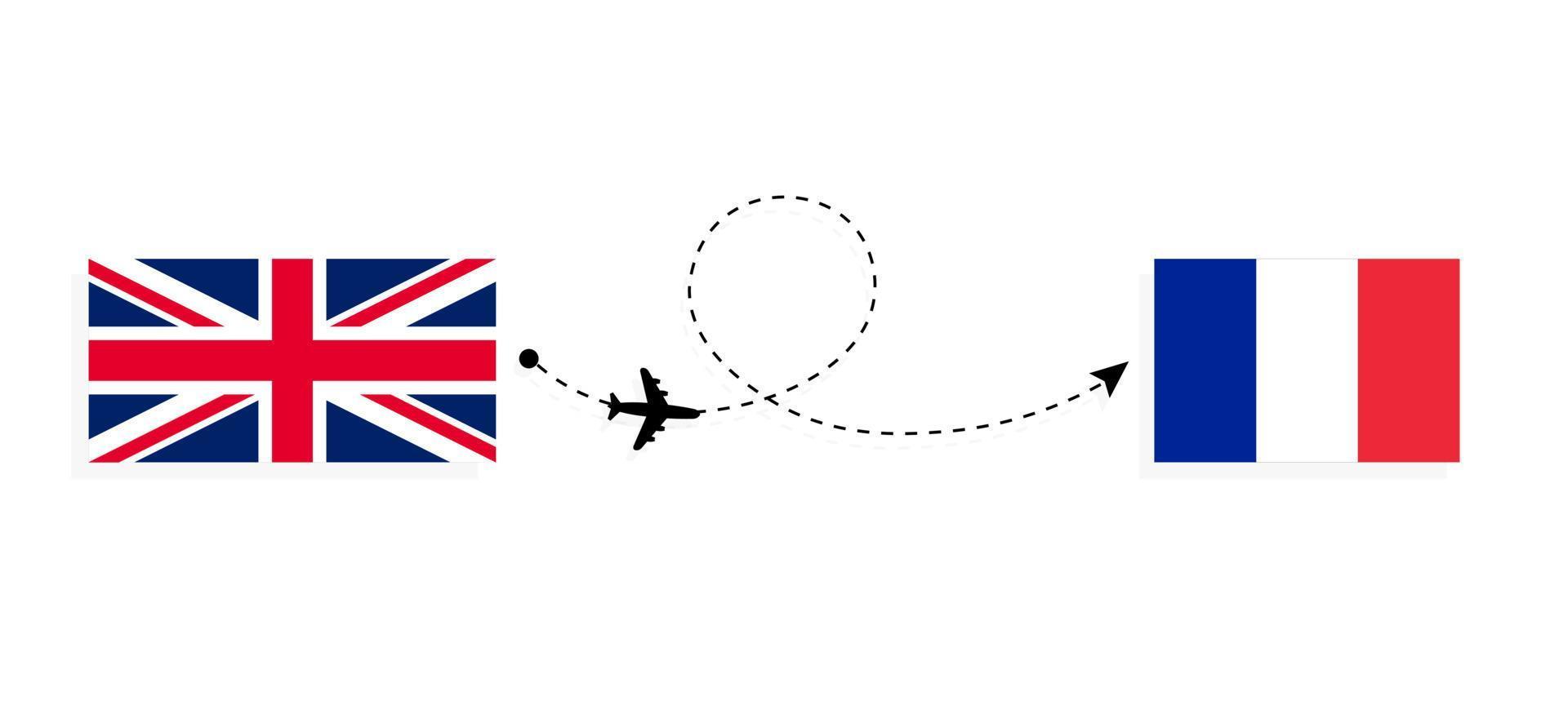 vlucht en reis van het verenigd koninkrijk van groot-brittannië naar frankrijk per passagiersvliegtuig reisconcept vector