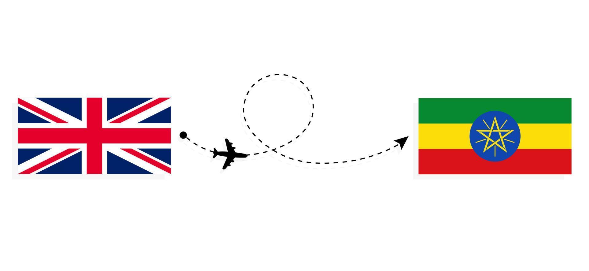 vlucht en reis van het verenigd koninkrijk van groot-brittannië naar ethiopië per passagiersvliegtuig reisconcept vector