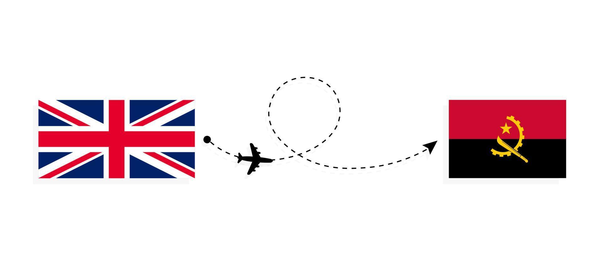 vlucht en reis van het verenigd koninkrijk van groot-brittannië naar angola per passagiersvliegtuig reisconcept vector