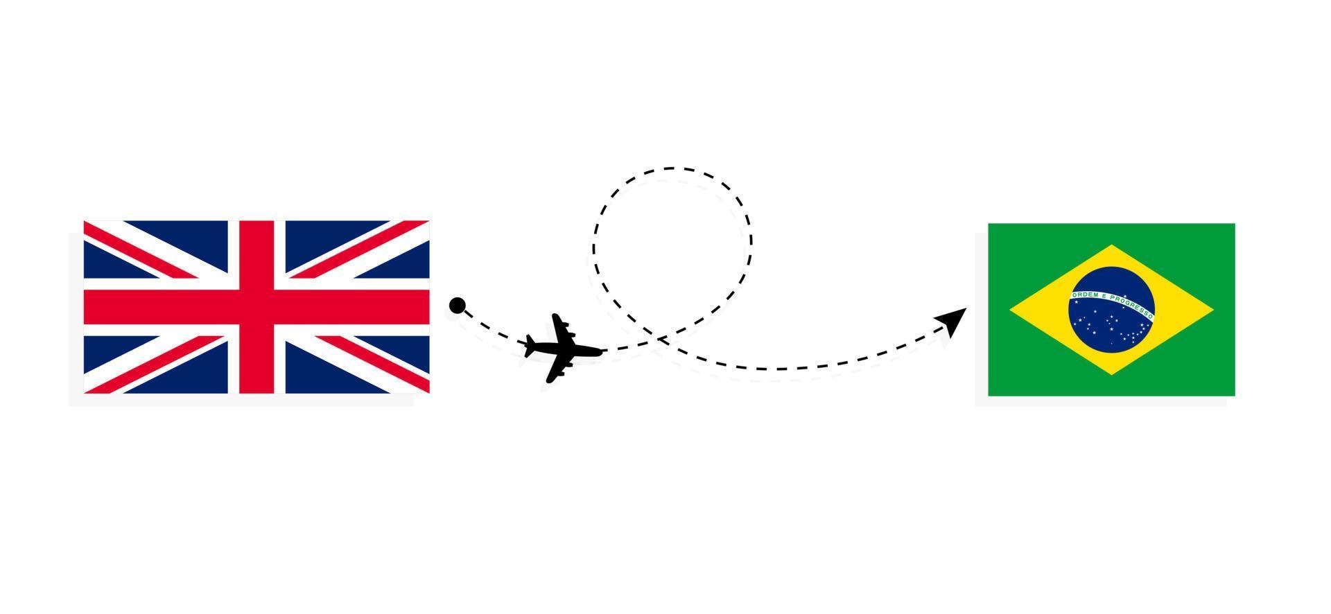 vlucht en reis van het verenigd koninkrijk van groot-brittannië naar brazilië per passagiersvliegtuig reisconcept vector
