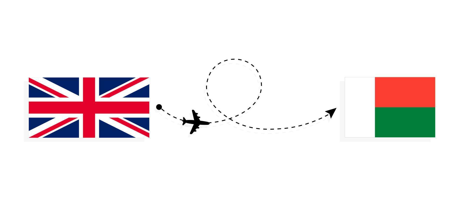vlucht en reis van het Verenigd Koninkrijk van Groot-Brittannië naar Madagaskar per reisconcept voor passagiersvliegtuigen vector