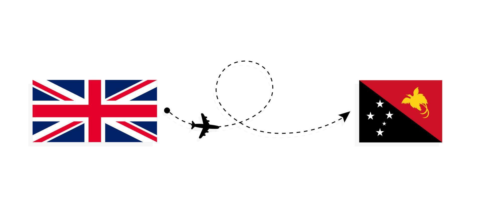 vlucht en reis van het Verenigd Koninkrijk van Groot-Brittannië naar Papoea-Nieuw-Guinea per reisconcept voor passagiersvliegtuigen vector