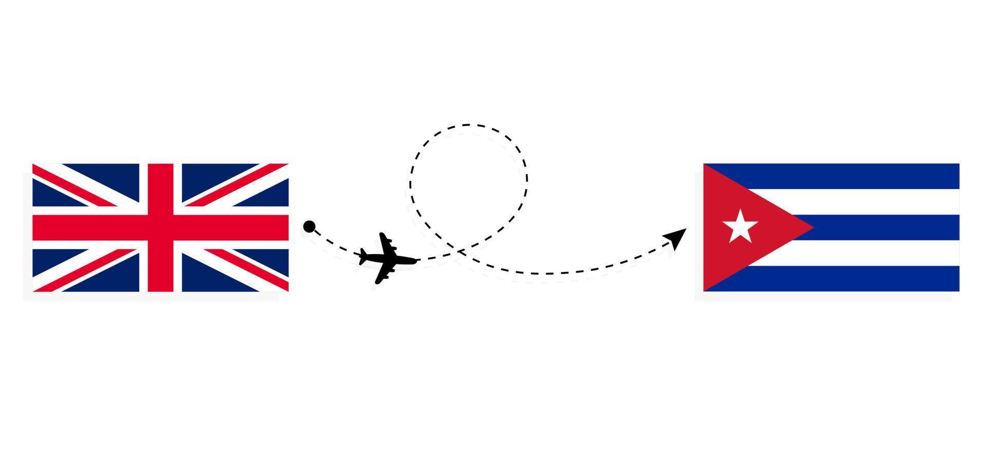 vlucht en reis van het verenigd koninkrijk van groot-brittannië naar cuba per passagiersvliegtuig reisconcept vector