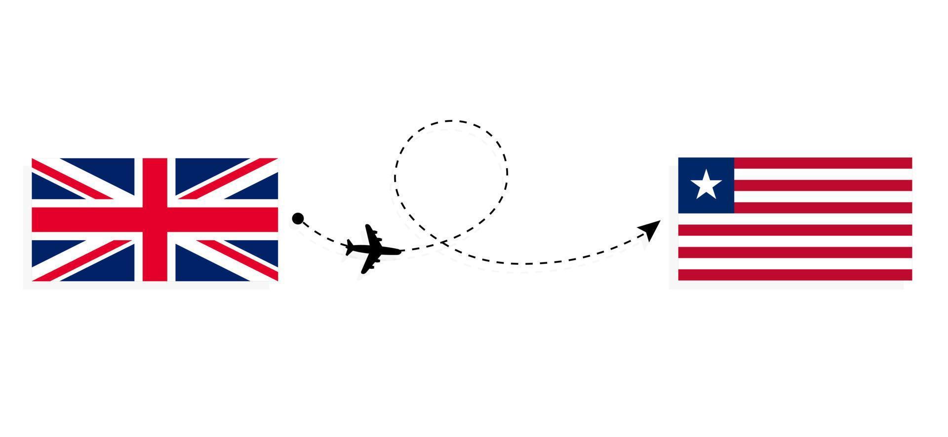 vlucht en reis van het Verenigd Koninkrijk van Groot-Brittannië naar Liberia per reisconcept voor passagiersvliegtuigen vector