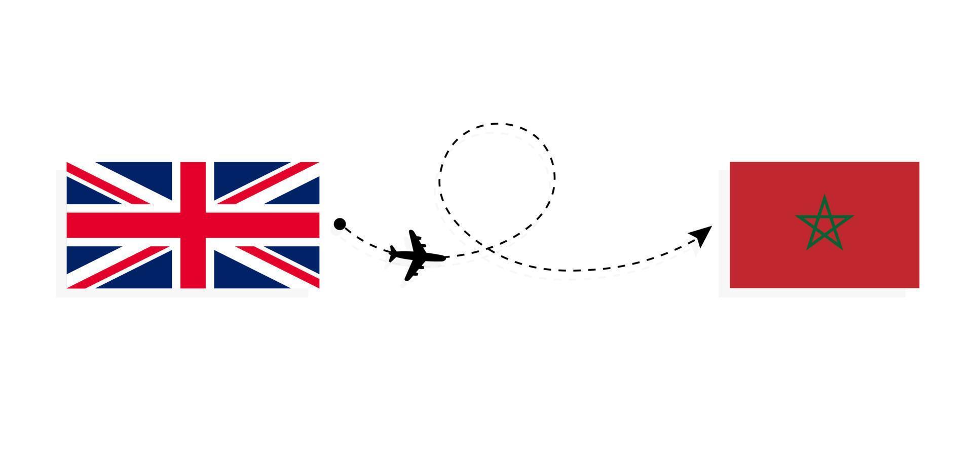 vlucht en reis van het verenigd koninkrijk van groot-brittannië naar marokko per passagiersvliegtuig reisconcept vector