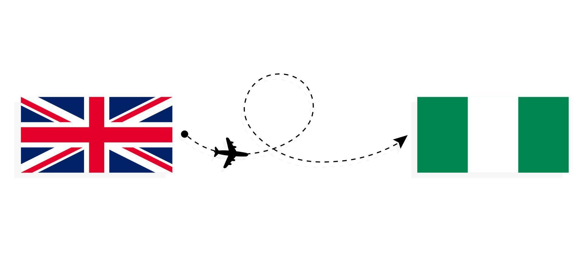 vlucht en reis van het verenigd koninkrijk van groot-brittannië naar nigeria per passagiersvliegtuig reisconcept vector