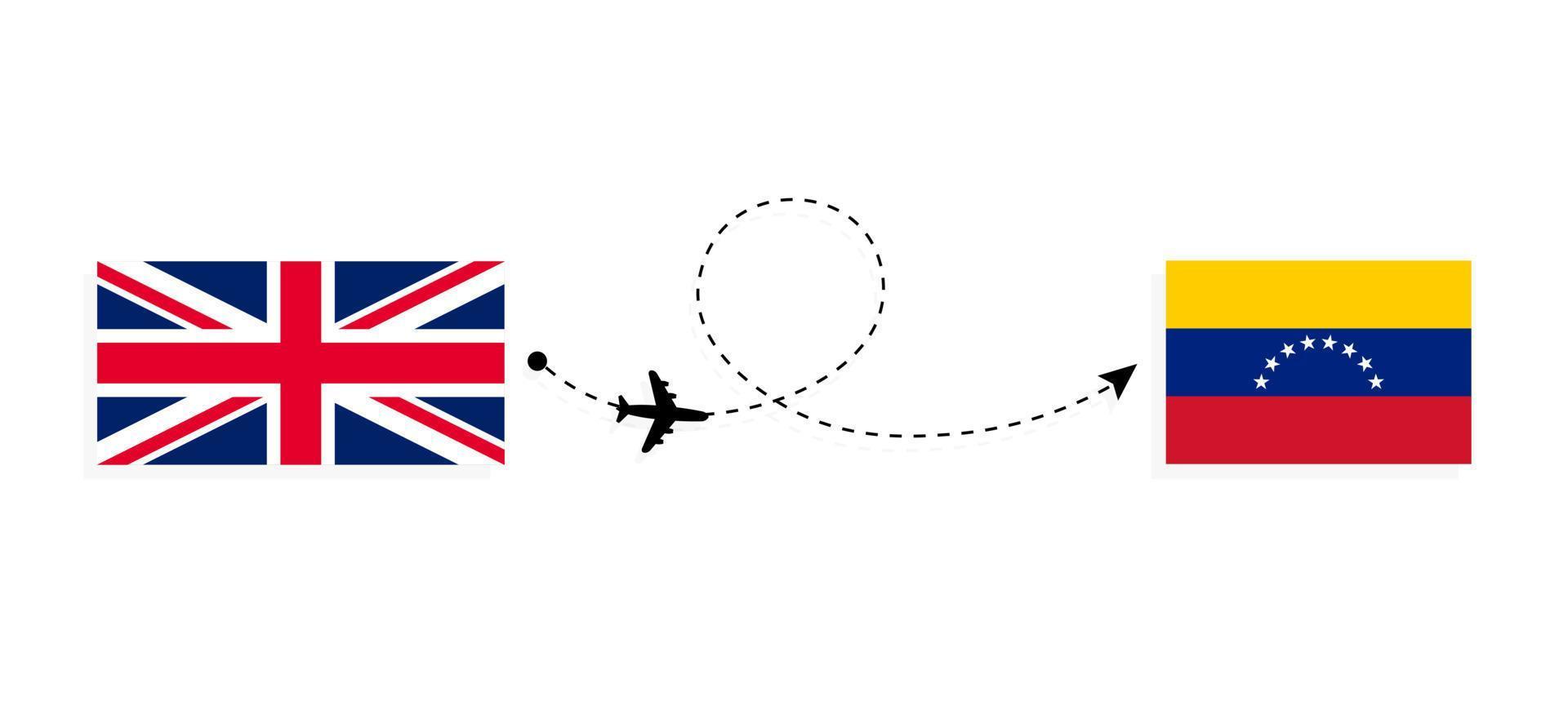 vlucht en reis van het verenigd koninkrijk van groot-brittannië naar venezuela per passagiersvliegtuig reisconcept vector
