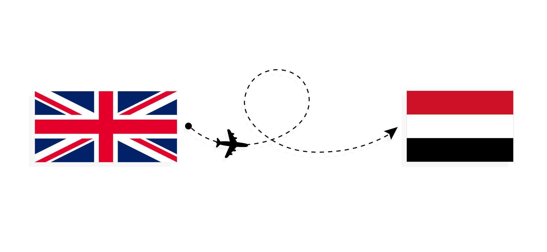 vlucht en reis van het verenigd koninkrijk van groot-brittannië naar jemen per passagiersvliegtuig reisconcept vector