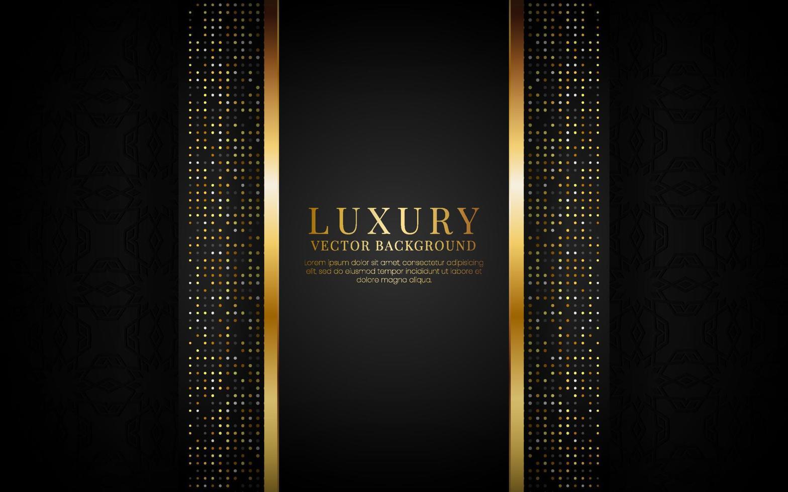 3D-zwarte luxe abstracte achtergrond, overlappende laag op donkere ruimte met glitter gouden stippen effect decoratie. moderne sjabloonelement toekomstige stijl voor flyer, banner, omslag, brochure of bestemmingspagina vector