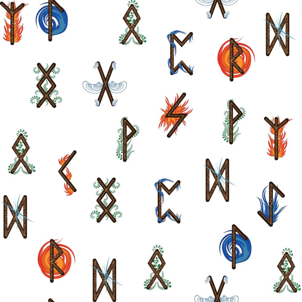 hand- getrokken runen- brieven naadloos patroon met elementair symbolen. magie tekens en symbolen van Scandinavisch cultuur vector