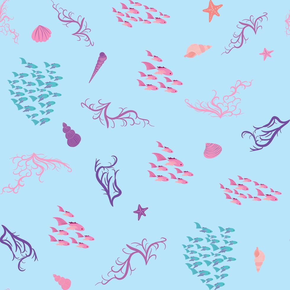 naadloos patroon met zeester, koralen, parels en schelpen. achtergrond met marinier thema. vector