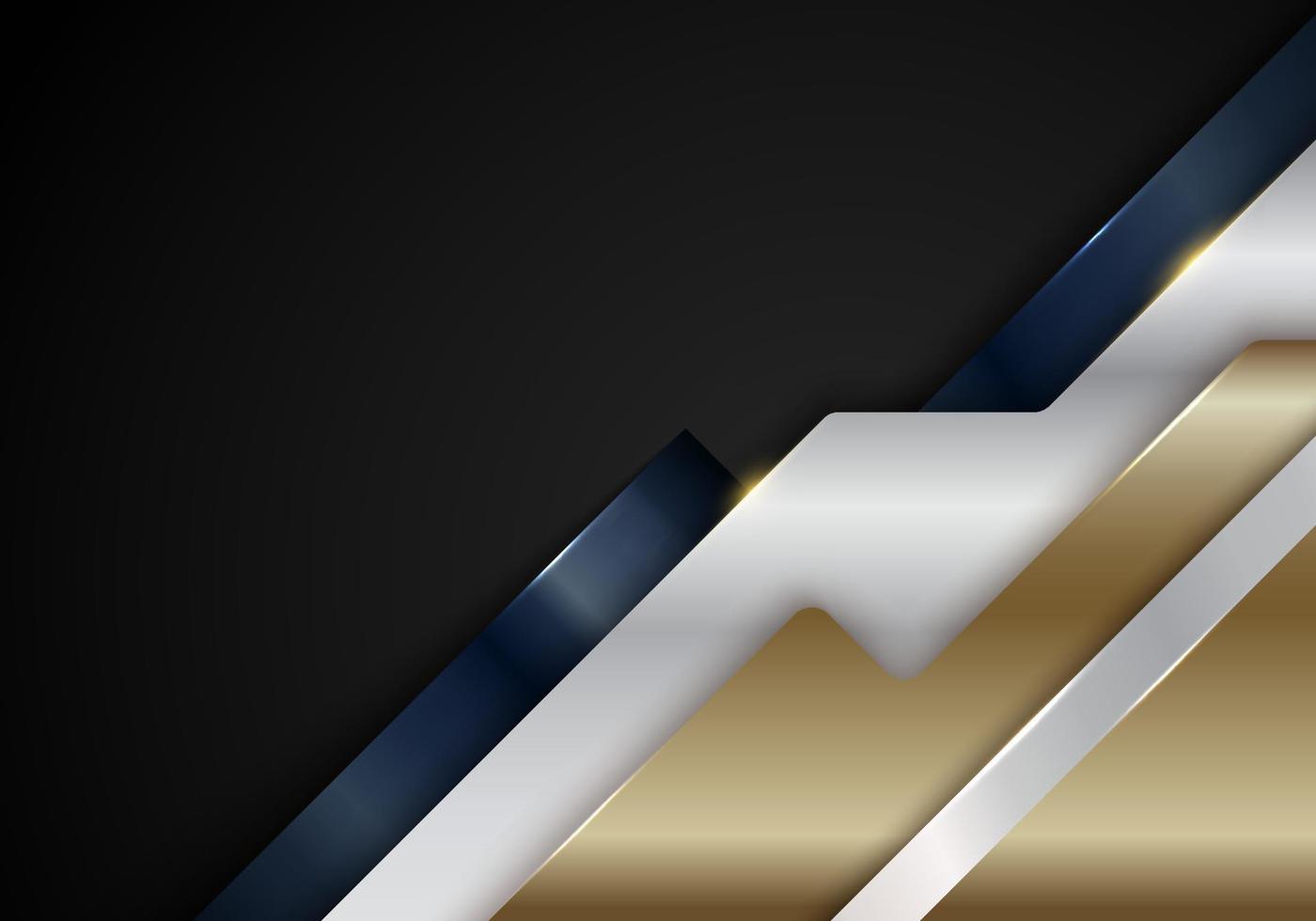 abstracte blauwe, gouden, witte metalen diagonale strepen geometrische vormen met glanzende gouden lijnen op zwarte achtergrond luxe stijl vector