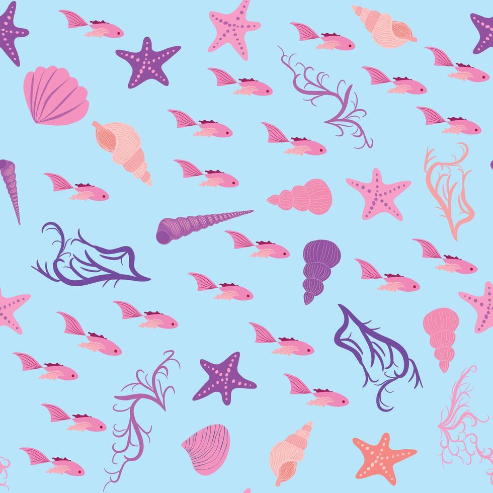 naadloos patroon met zeester, koralen, parels en schelpen. achtergrond met marinier thema. vector