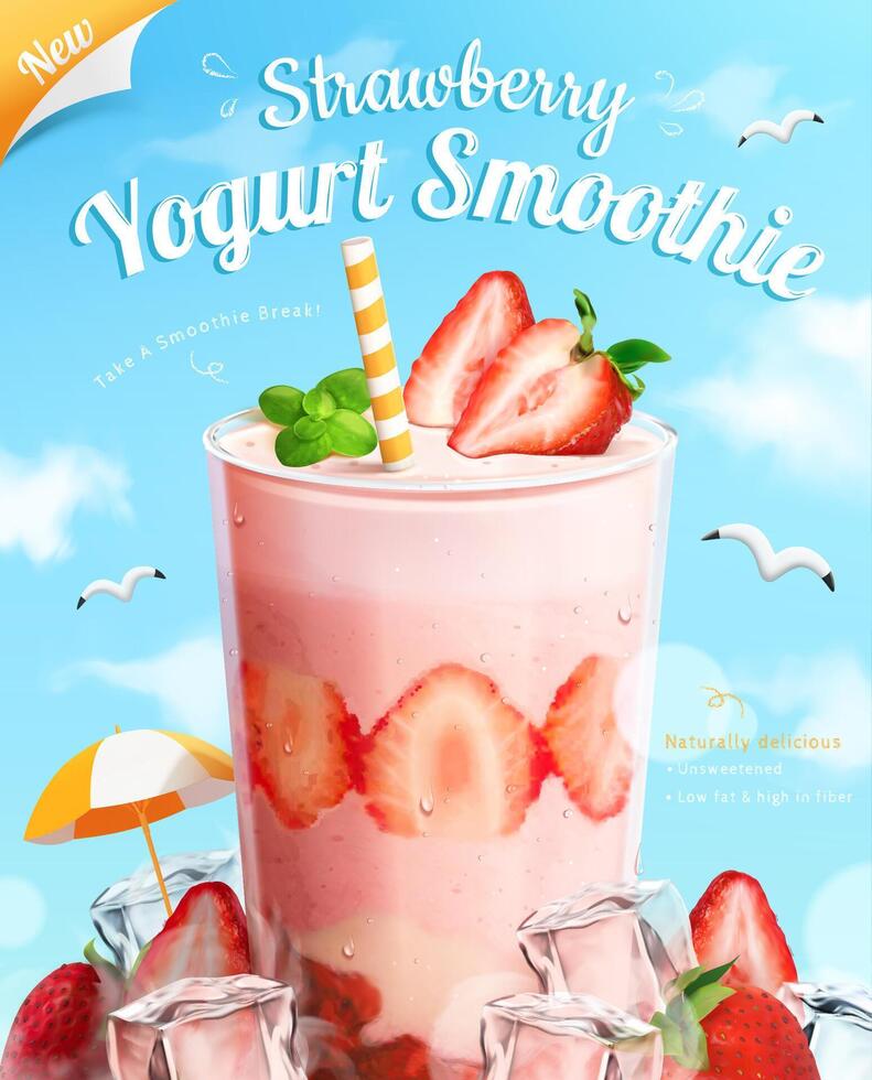 3d aardbei yoghurt smoothie advertentie. een glas van milkshake met besnoeiing aardbeien en ijs kubussen Aan lucht achtergrond vector
