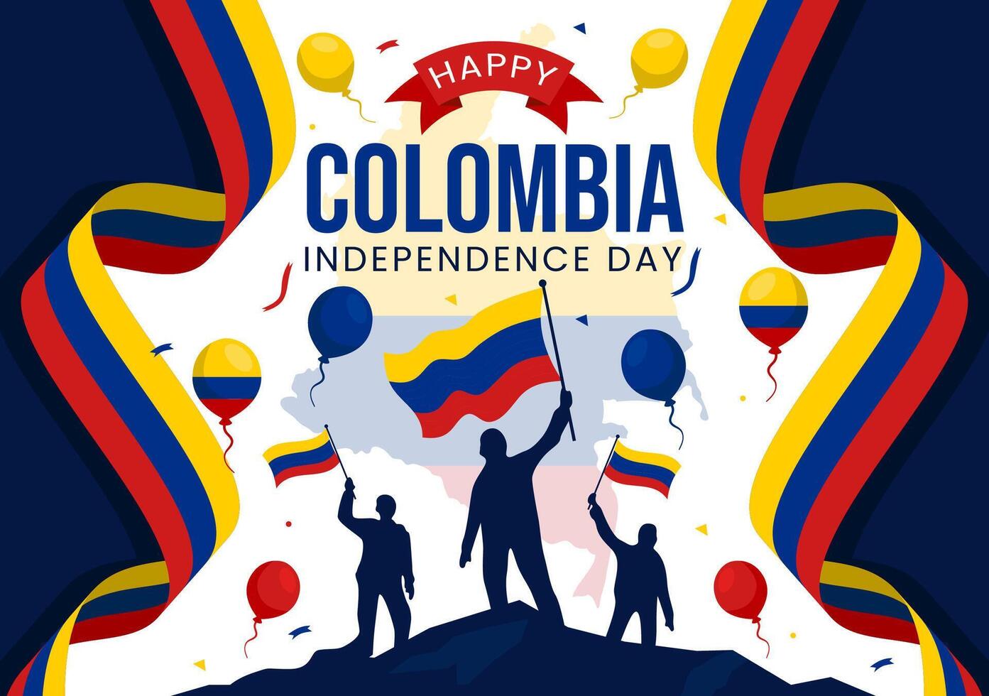 gelukkig Colombia onafhankelijkheid dag illustratie Aan 20 juli met golvend vlag en lint in nationaal vakantie viering vlak tekenfilm achtergrond vector