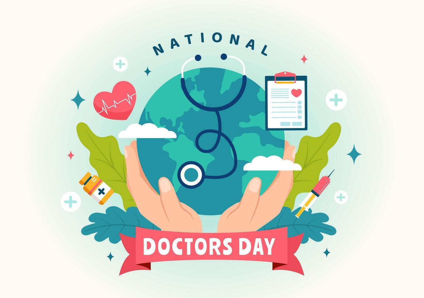 nationaal artsen dag illustratie met dokter, stethoscoop en medisch uitrusting voor toewijding en bijdragen in vlak tekenfilm achtergrond vector