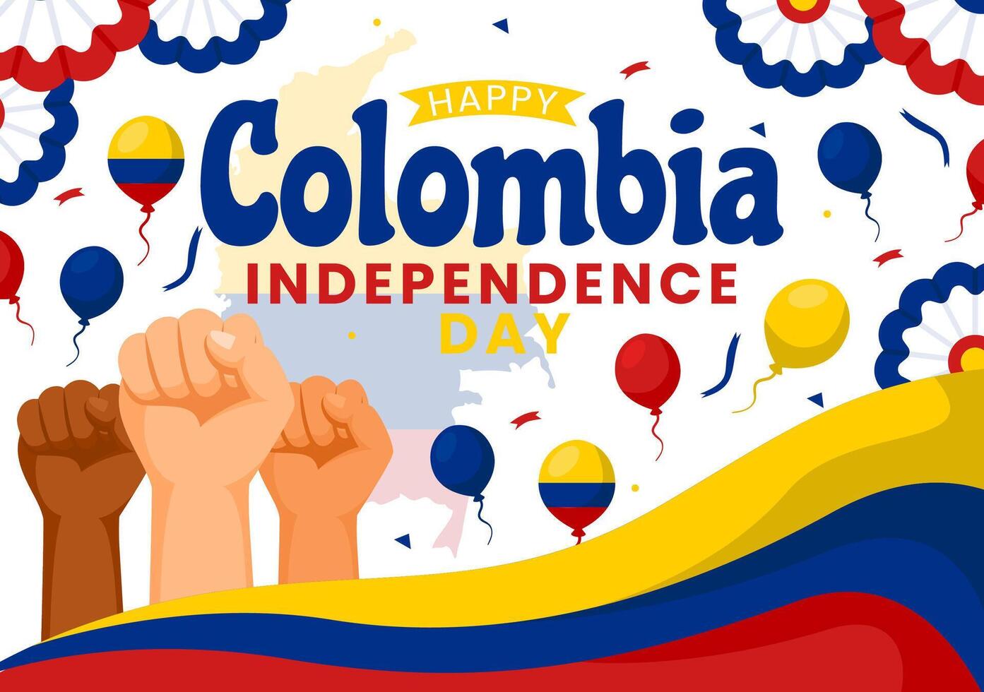 gelukkig Colombia onafhankelijkheid dag illustratie Aan 20 juli met golvend vlag en lint in nationaal vakantie viering vlak tekenfilm achtergrond vector