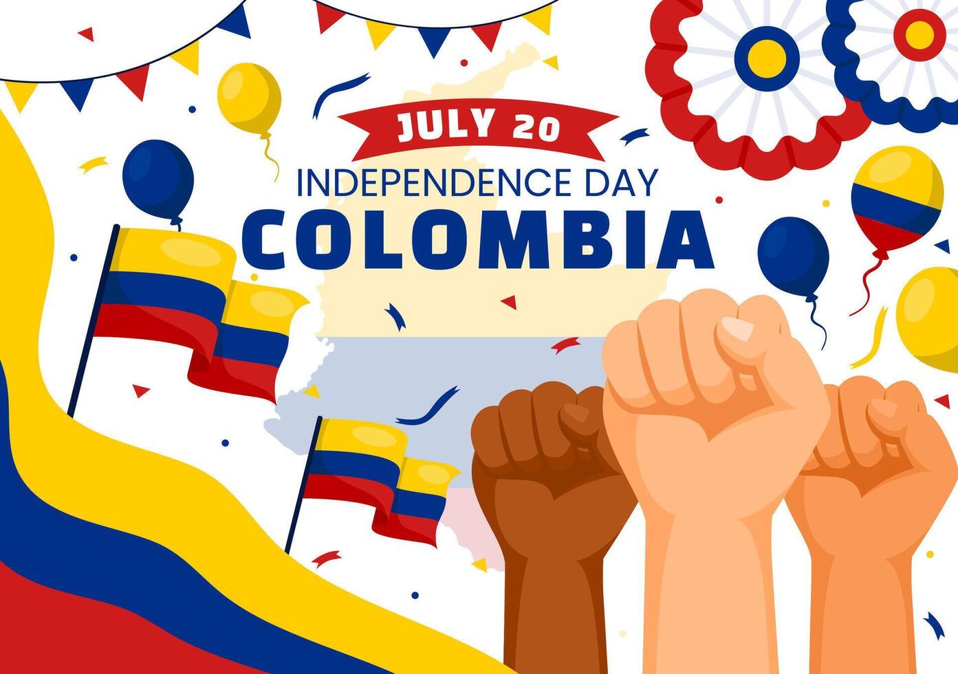 gelukkig Colombia onafhankelijkheid dag illustratie Aan 20 juli met golvend vlag en lint in nationaal vakantie viering vlak tekenfilm achtergrond vector