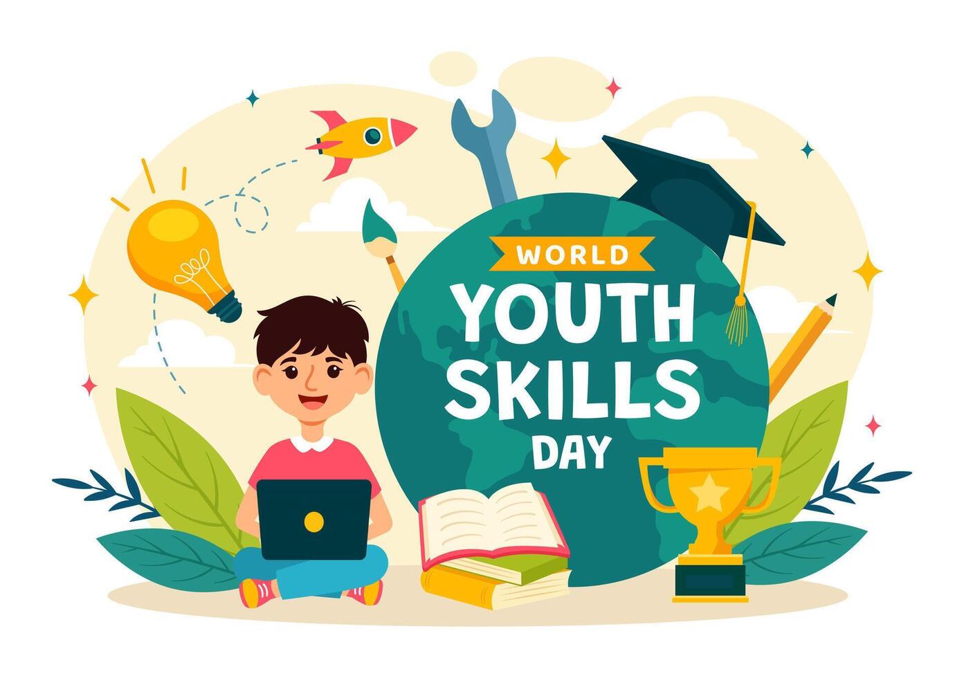 wereld jeugd vaardigheden dag illustratie van mensen met vaardigheden voor divers werk en ondernemerschap in vlak kinderen tekenfilm achtergrond ontwerp vector