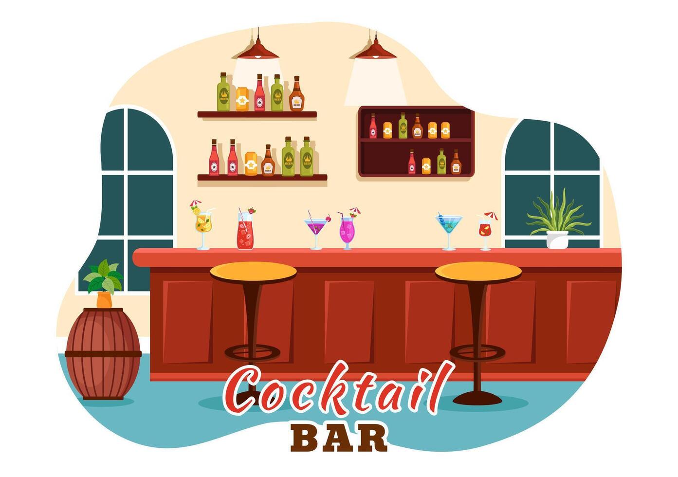 cocktail bar of nachtclub illustratie van vrienden hangende uit met alcoholisch fruit sap drankjes of cocktails in vlak tekenfilm achtergrond vector