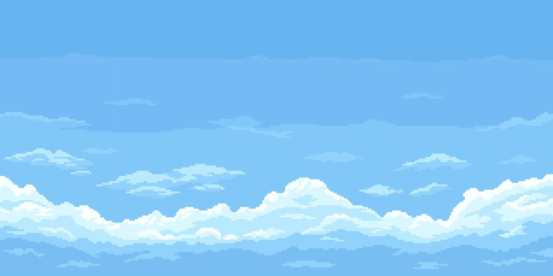 8 bit pixel grafisch blauw lucht achtergrond met wolken vector