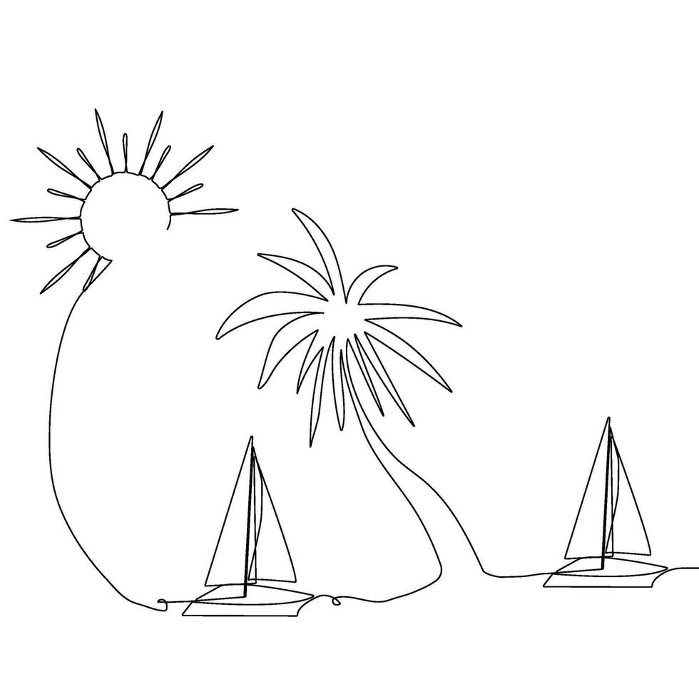 zeilboot, boot, schip, zee Golf en palm boom, zon. de concept van reis, rust uit, cruise, zee. hand- tekening een solide lijn. . vector