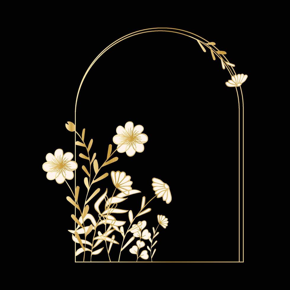 boog kader met gouden wilde bloemen. sjabloon voor kaart, banier, uitnodiging, sociaal media na, poster, adverteerders. kader van lineair bloemen logo's, achtergronden vector