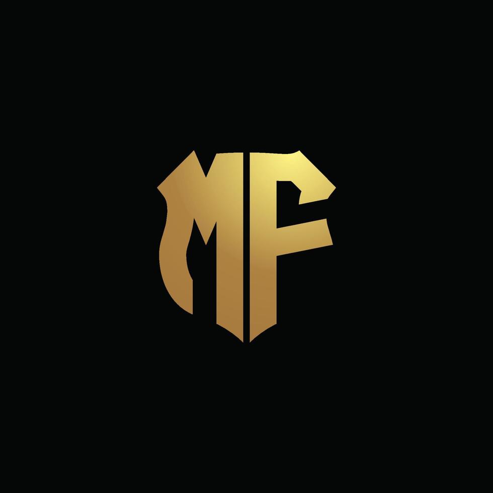 mf logo monogram met gouden kleuren en schildvorm ontwerpsjabloon vector