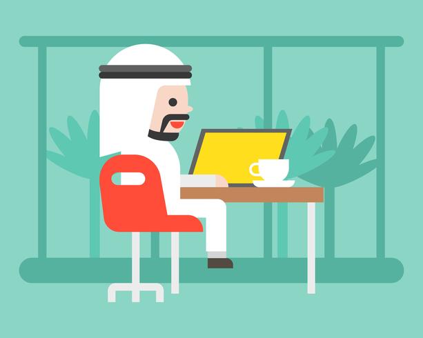 Leuke Arabische zakenman zitten in een cafe met laptop, co werk ruimte bedrijfssituatie concept vector