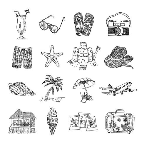 Zomervakantie doodle schets isons ingesteld vector