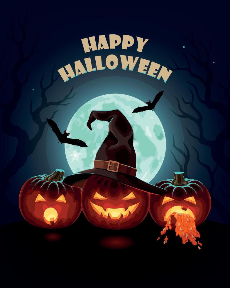 gelukkig halloween poster met maan en pompoen vector