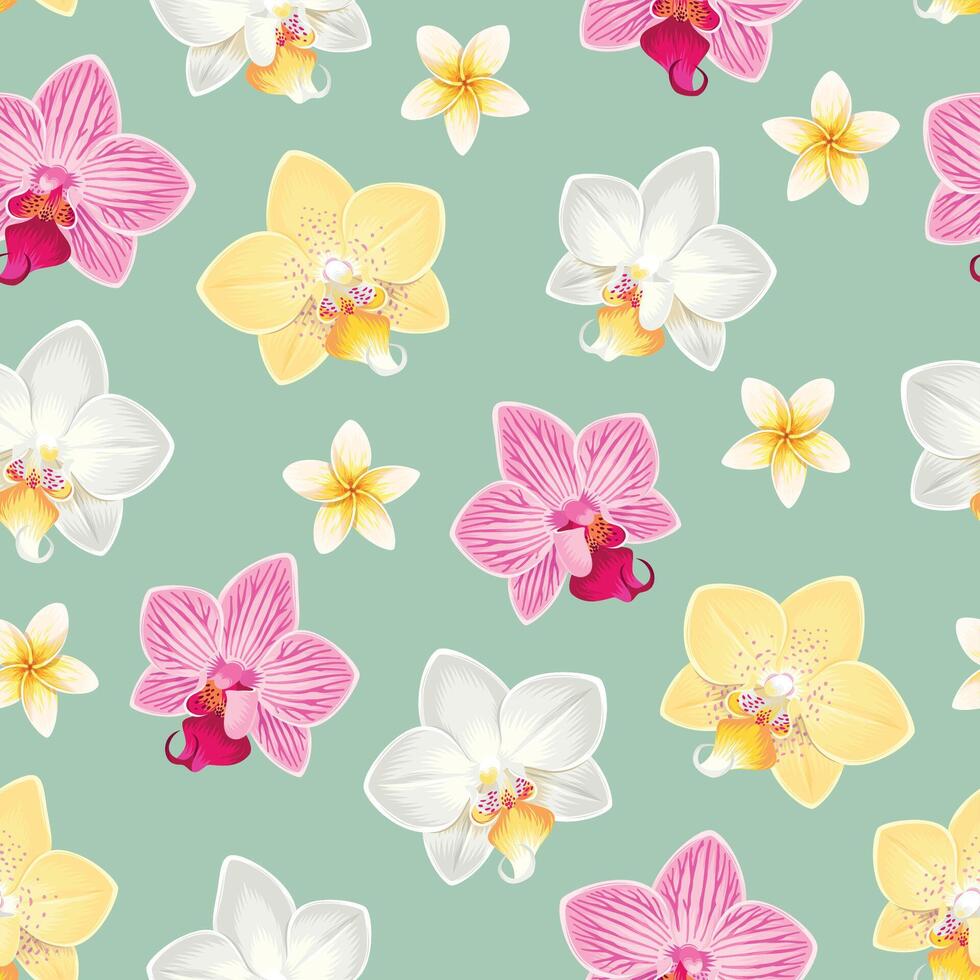 naadloos patroon met roze en geel orchideeën en plumeria bloemen vector
