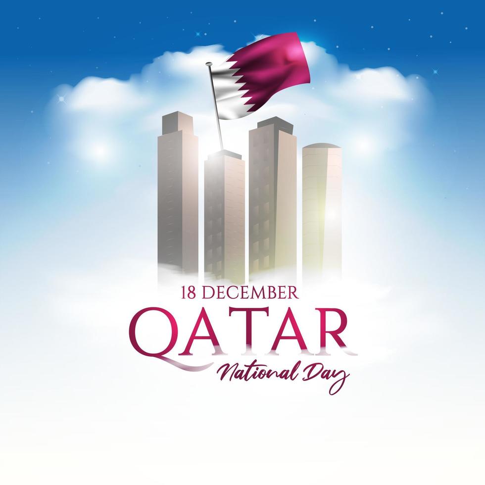 qatar nationale feestdag met oriëntatiepunt en vlag in Arabische vertaling, qatar nationale dag 18 december. vector illustratie