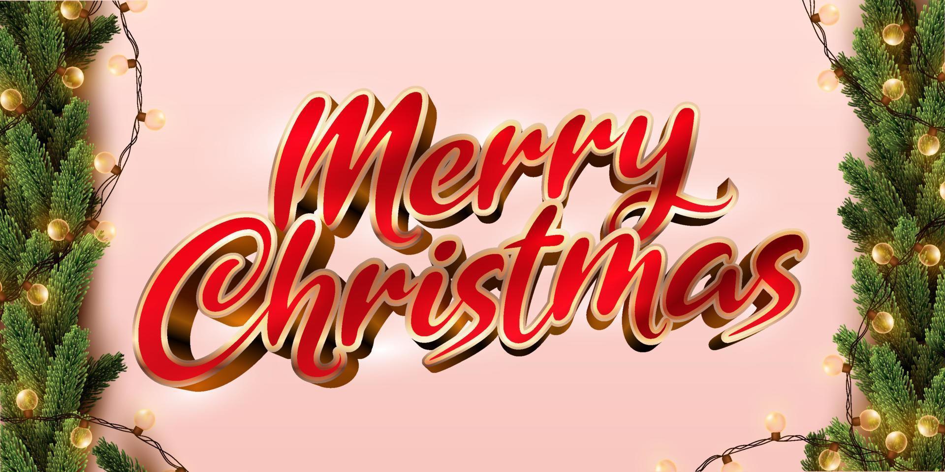 vrolijk kerstfeest glanzende gouden 3D-tekst, pijnboombladeren en gloeilampen op lichtrode achtergrond vector