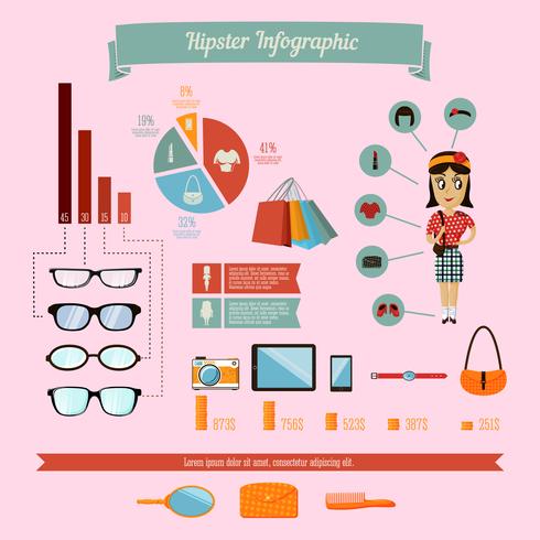 Hipster infographicselementen die met geekmeisje worden geplaatst vector