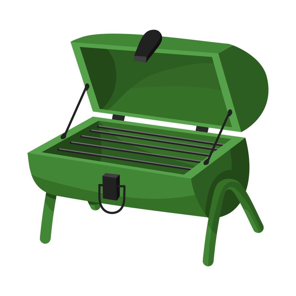 een illustratie met een portable ijzer barbecue grill, welke is ideaal voor buitenshuis bijeenkomsten, picknicks en hiking. ideaal voor Koken heerlijk gerechten overal. branding van keuken uitrusting vector