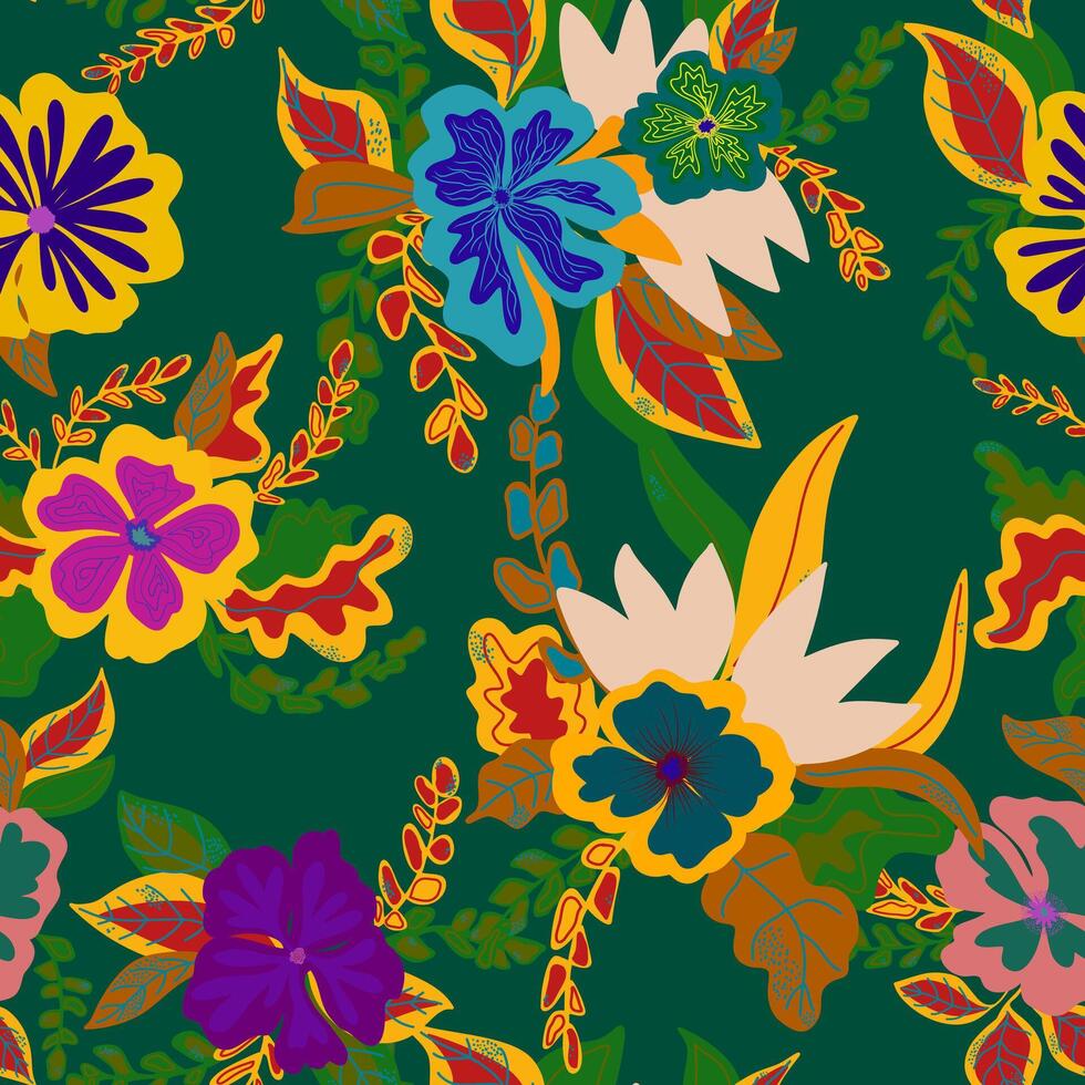 een kleurrijk bloemen patroon Aan een groen achtergrond vector