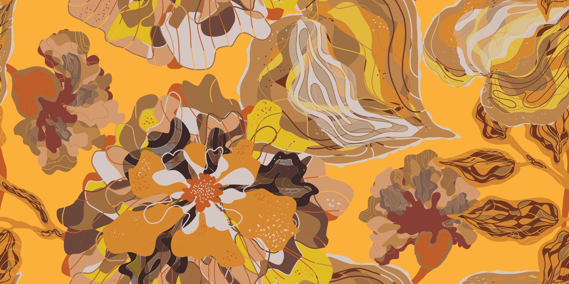 een geel en bruin bloemen patroon Aan een oranje achtergrond vector