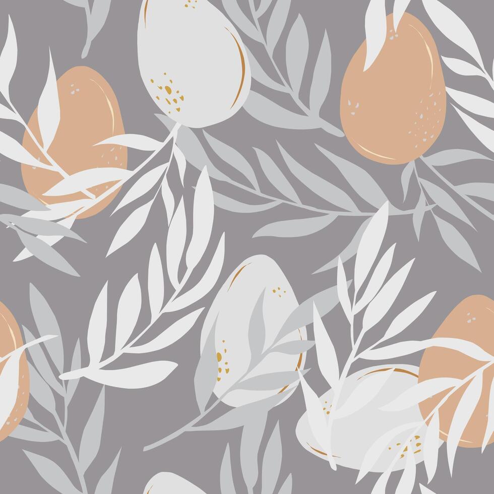een patroon met eieren en bladeren Aan een grijs achtergrond vector