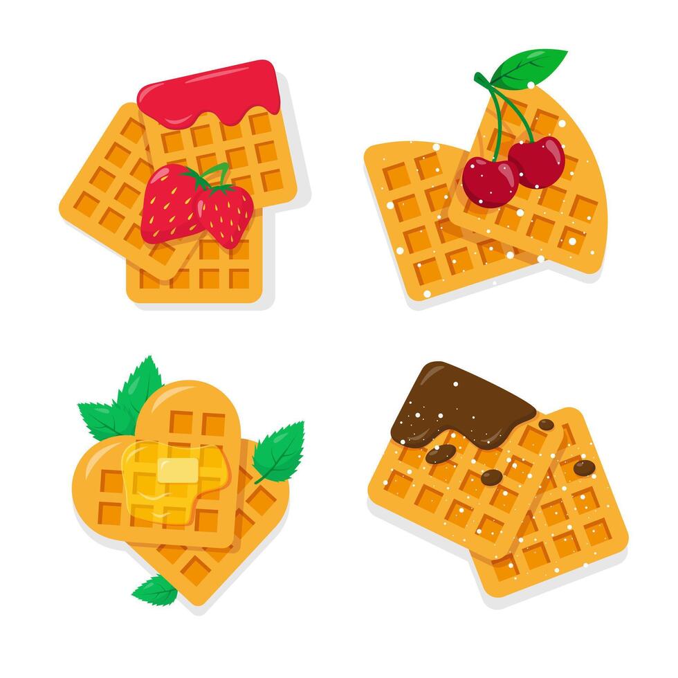 reeks van verschillend belgisch wafels met bessen, chocola en boter. verzameling van snoepgoed snel voedsel. vector